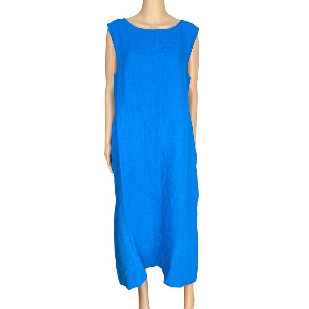 Bryn Walker Poppy Linen Midi Dress Evia Royal Blue NEW Size L Pockets Lagenlook